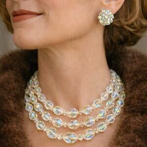 EUC - Vintage Laguna 3 Strand AB Faceted Necklace/Earrings